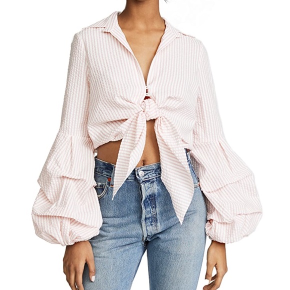 Petersyn Tops - Petersyn | Silvia Striped Long Sleeve Cropped Seersucker Top with Puff Sleeves